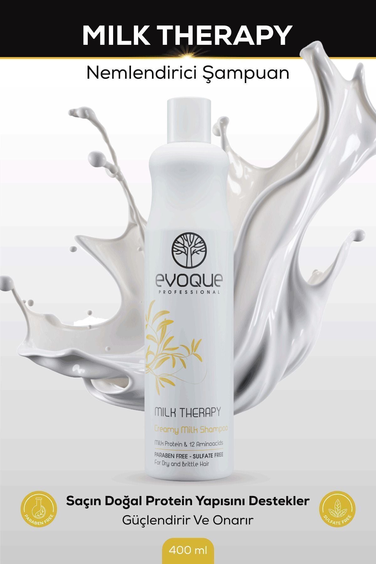 Evoque Milk Therapy Nemlendirici Şampuan, E-vitamini Süt Proteini Ve 12 Aminoasit Içerir, Doğal Bakım 400ml