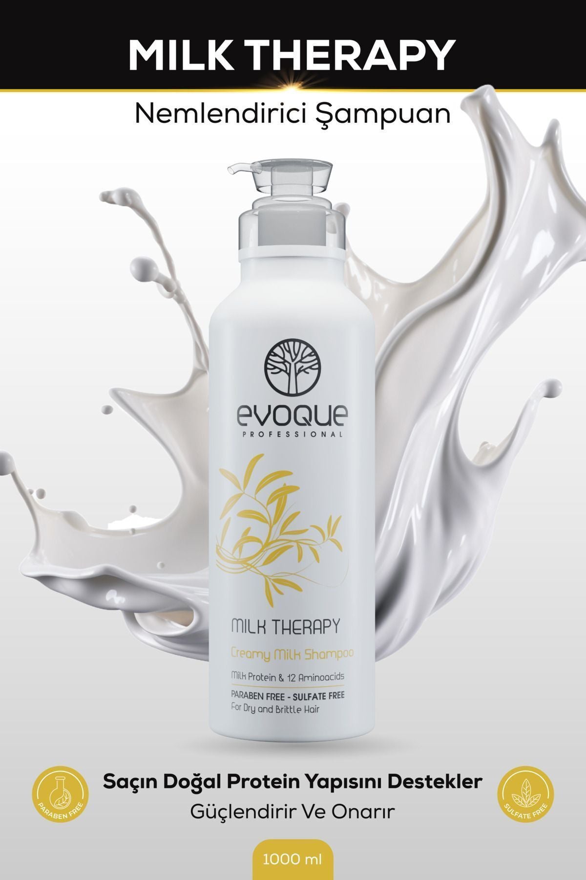 Evoque Milk Therapy Nemlendirici Şampuan, Amino Asit ve E Vitamini Takviyesi, 1000ml