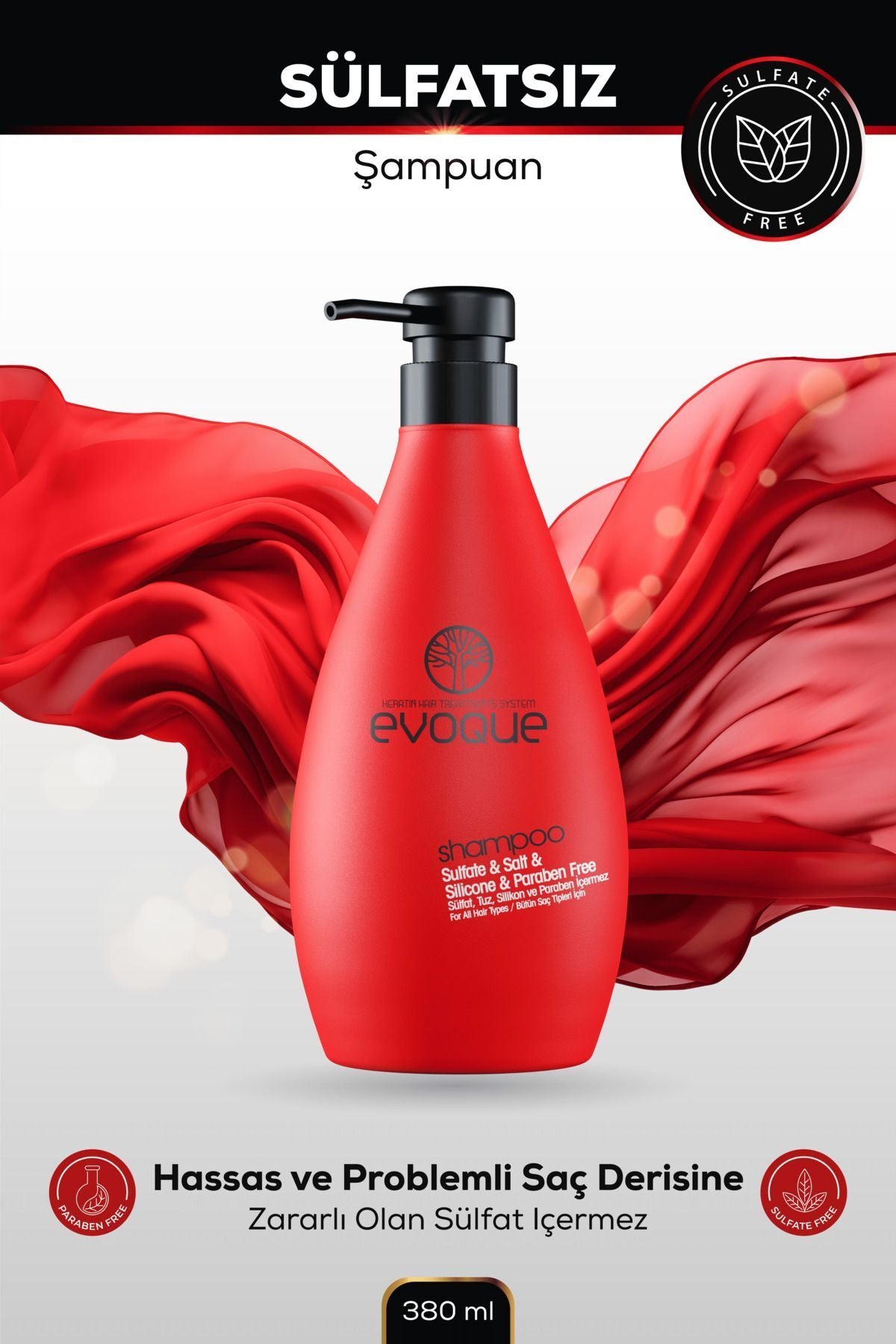 Evoque Sülfatsız Şampuan, Keratin Içeren Besleyici & Onarıcı Etki, Sülfat Tuz Silikon Paraben Içermez,380ml