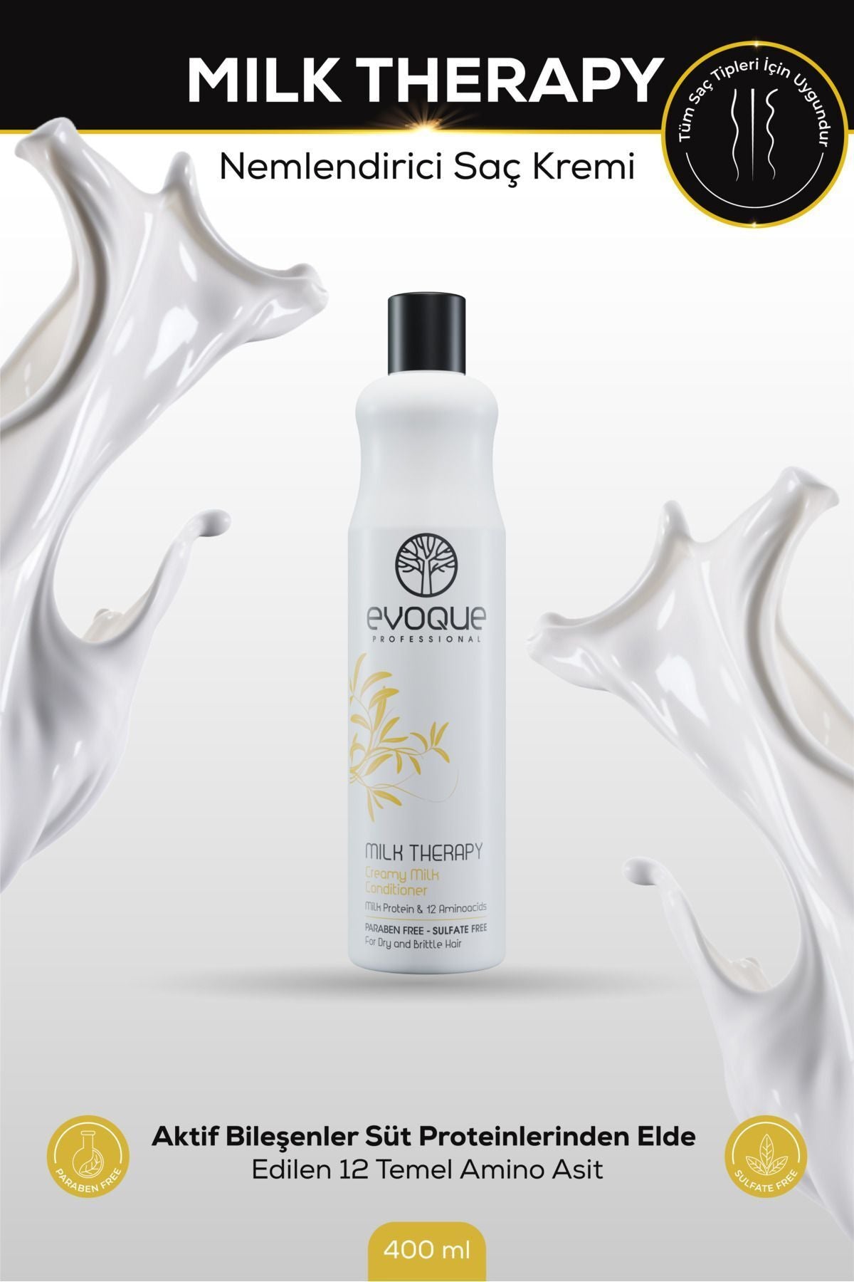 Evoque Milk Therapy Nemlendirici Saç Kremi, Onarıcı Etki, Aminoasit ve E Vitamini Takviyeli, 400ml