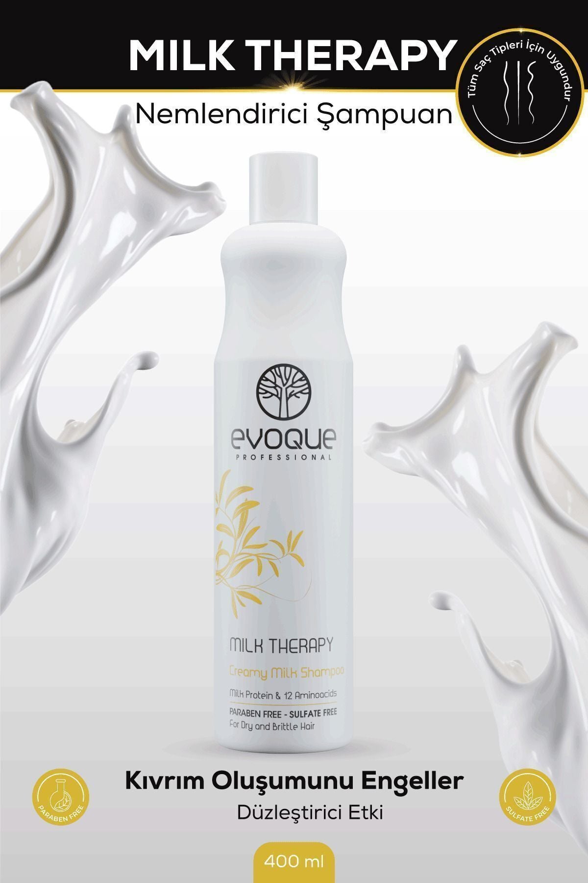 Evoque Milk Therapy Nemlendirici Şampuan, E-vitamini Süt Proteini Ve 12 Aminoasit Içerir, Doğal Bakım 400ml