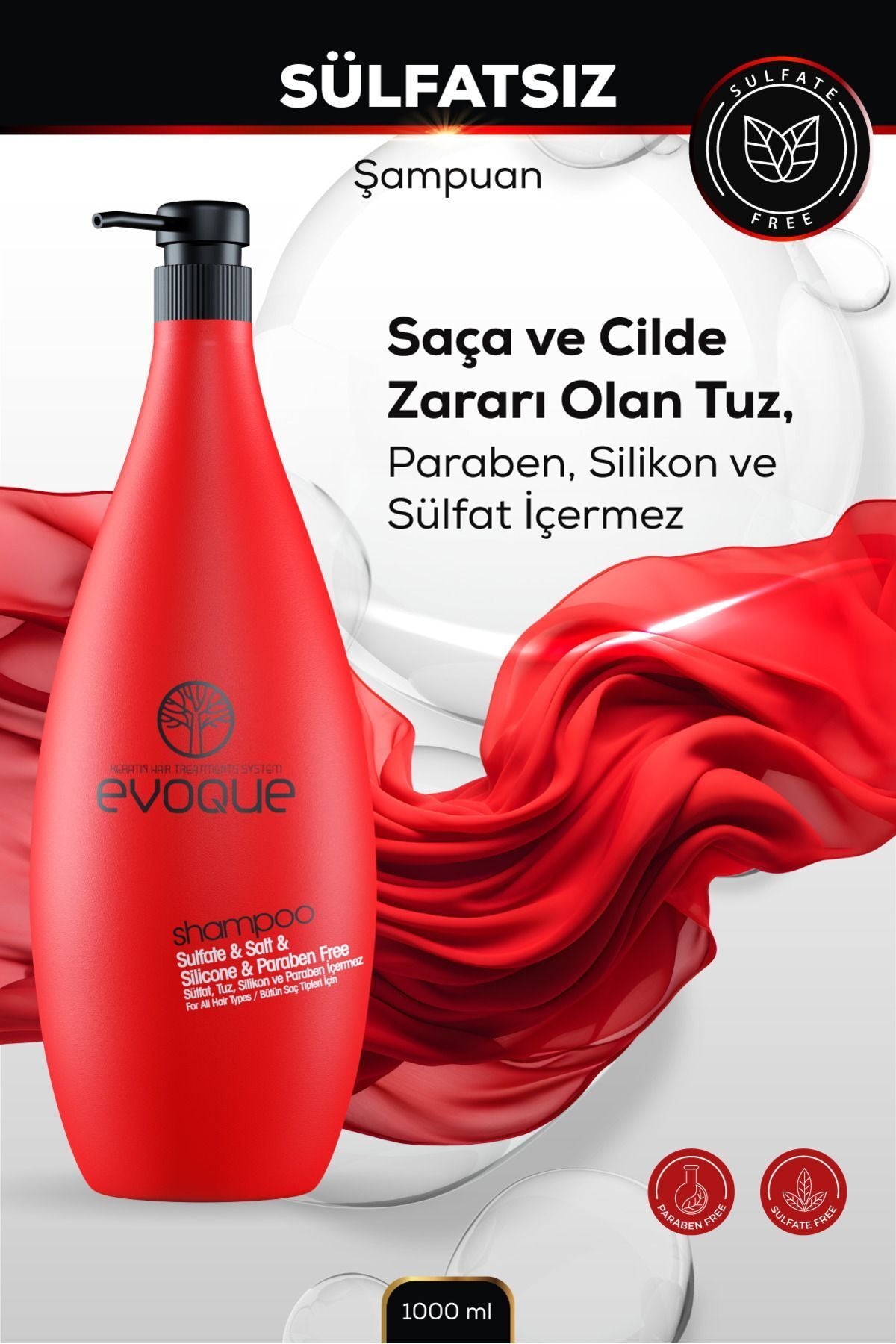 Evoque Sülfatsız Şampuan, Keratin Içeren Besleyici &onarıcı Etki, Sülfat Tuz Silikon Paraben Içermez,1000ml